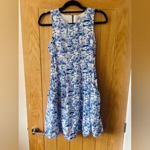 Sleeveless Blue & White Floral Fit-and-Flare Dress